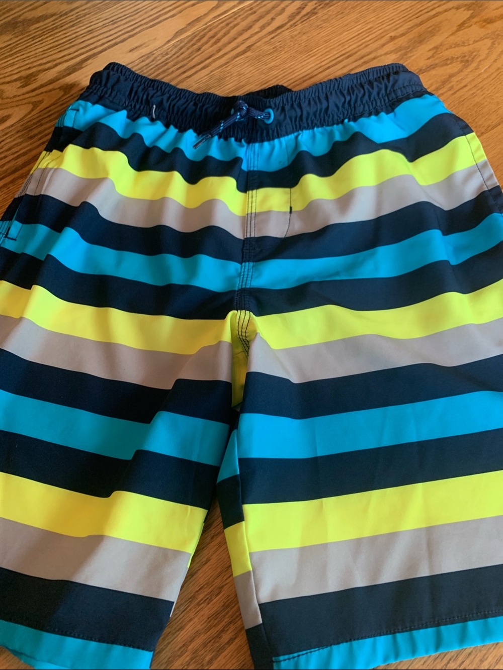Navy..yellow..beige & turquoise swimShorts with White Mesh Lining.